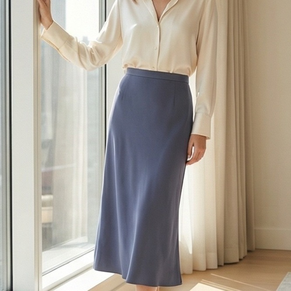 Talbots 16P Petites Slate Blue Pure 100% Silk Sleek Midi Skirt NWOT RV $215‎